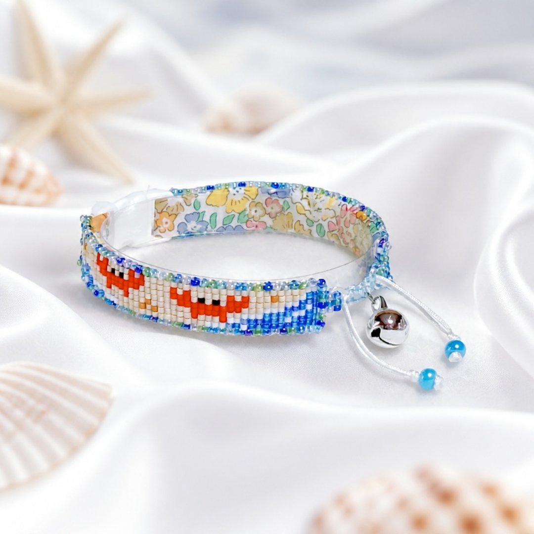 小小的海洋世界 螃蟹图案珠饰编织猫用项圈 Beaded Cat Collar - 项圈/牵绳 - 棉 多色