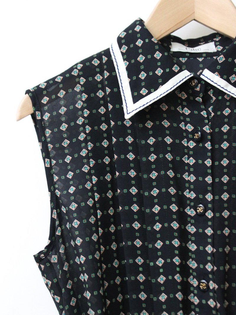 【RE1116D969】复古日系黑色几何菱形无袖古着洋装 - 洋装/连衣裙 - 聚酯纤维 黑色