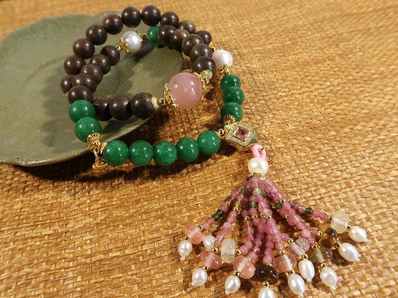 越南沉香搭配寒玉多宝流苏双圈手链 珠径8mm - 手链/手环 - 木头 