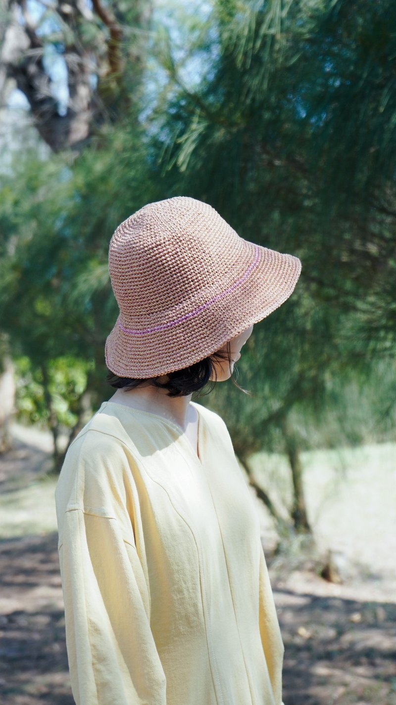 P+线饰系列钟型草帽 - 野草莓 - 帽子 - 棉．麻 粉红色