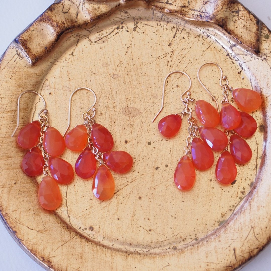 天然 光玉髓  红玉髓 14KGF 吊灯式耳环 Carnelian Earrings - 耳环/耳夹 - 半宝石 橘色