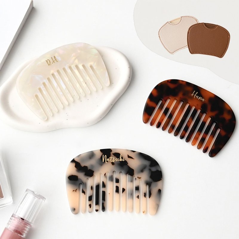 带盒梳子 [圆形，铝箔，个性化] 发梳，大理石，醋酸纤维，收纳盒，便携，礼物，HZ05U - 彩妆刷具/镜子/梳子 - 真皮 咖啡色