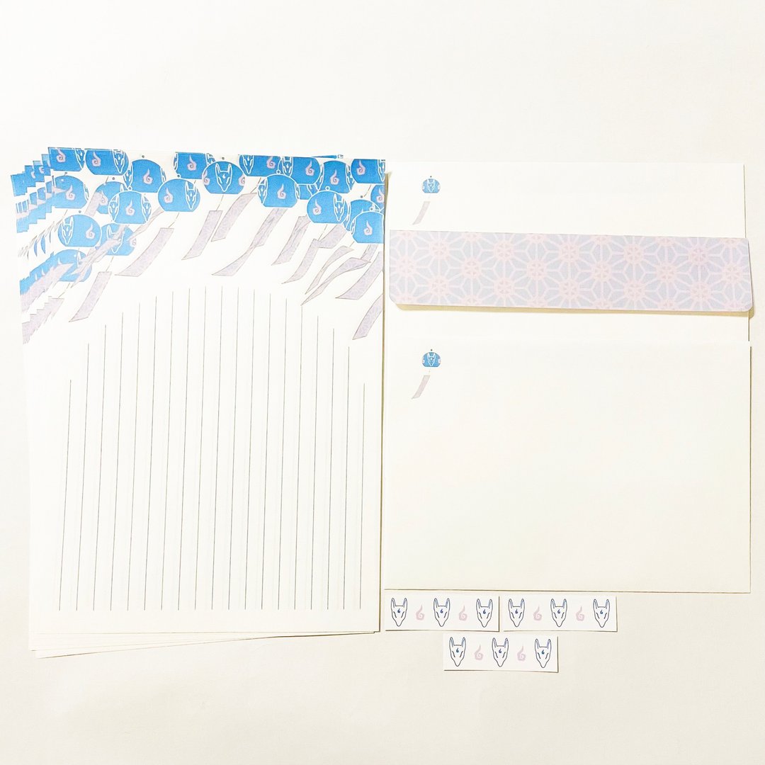 蓝铃狐 联名信纸组 夏季 狛狐 狐之嫁娶 狐狸面具 狐 ญี่ปุ่น 和风 信封 贴纸 信纸 御朱印 护身符 - 信封/信纸 - 纸 蓝色