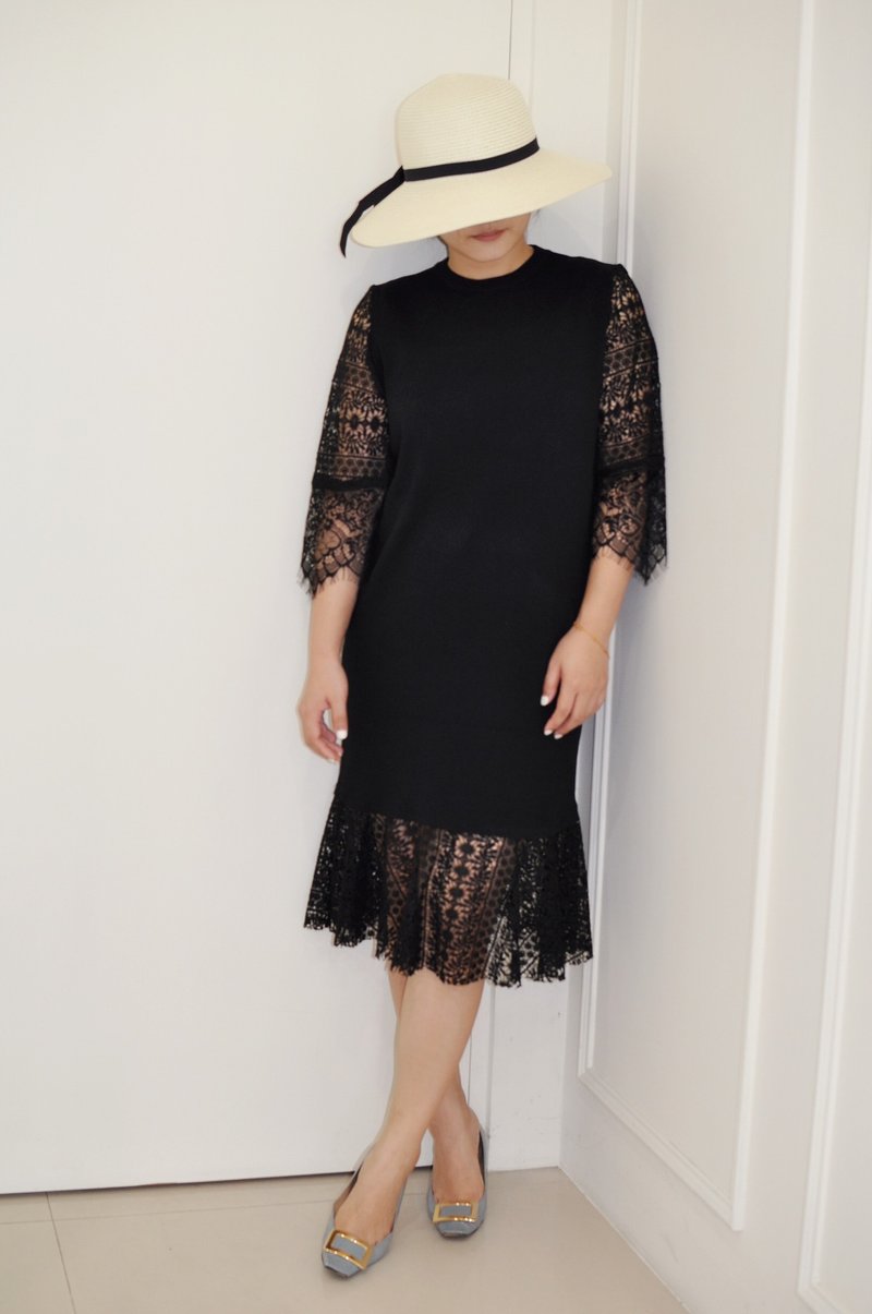 Flat 135X台湾设计师系列 黑色针织洋装 拼接刺绣蕾丝洋装 - 洋装/连衣裙 - 棉．麻 黑色