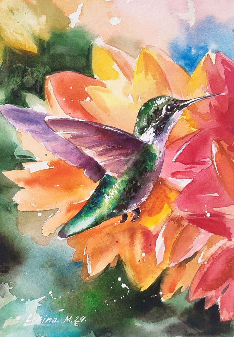 蜂鸟水彩画雀插图多彩原创艺术手作 - 墙贴/壁贴 - 纸 橘色