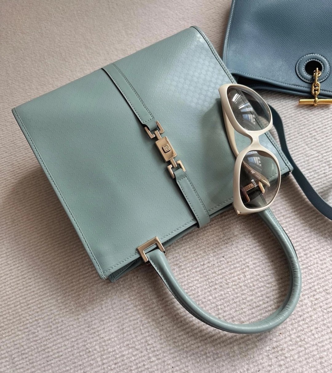 中古包 Gucci古驰 罕有GG暗纹 蒂芙尼蓝 锁扣手提包 - 手提包/手提袋 - 真皮 蓝色