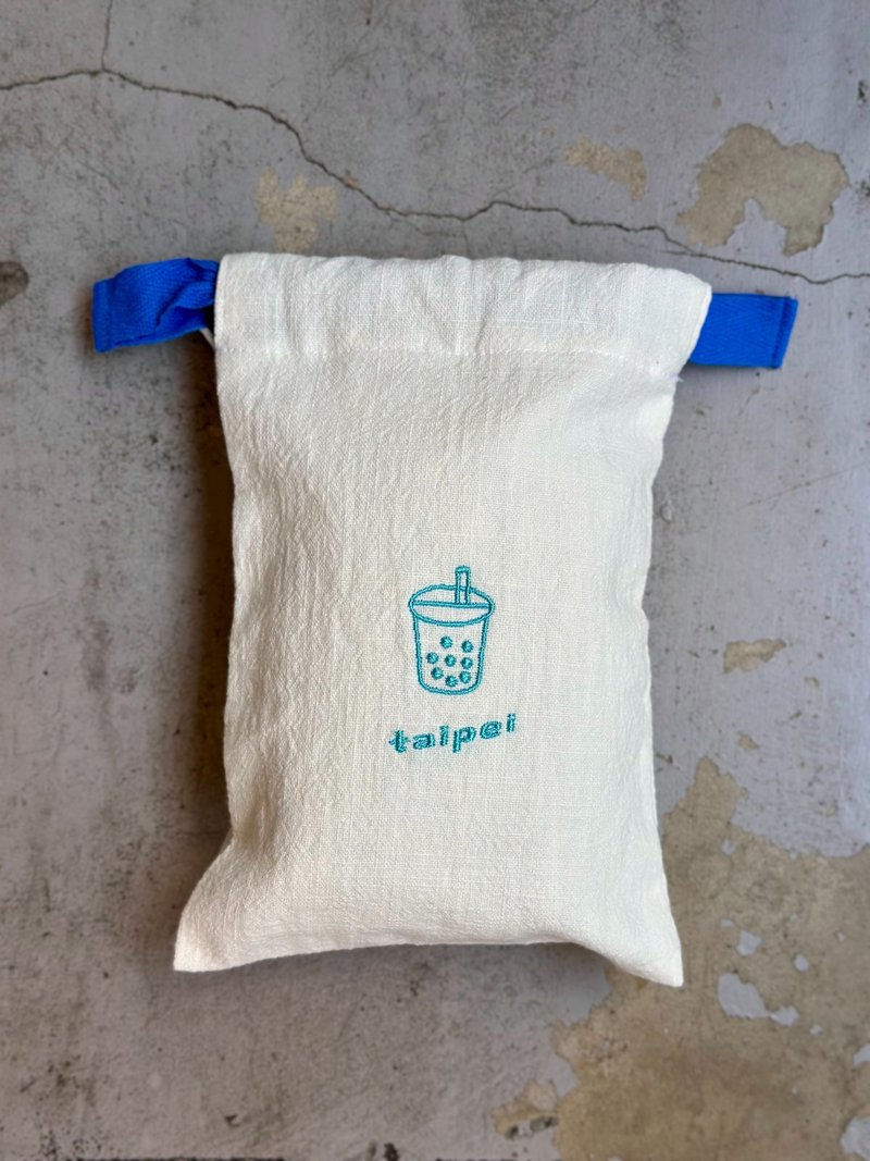 台北纯棉束口袋 ft.珍珠奶茶  Bao maison - 束口袋双肩包 - 棉．麻 蓝色