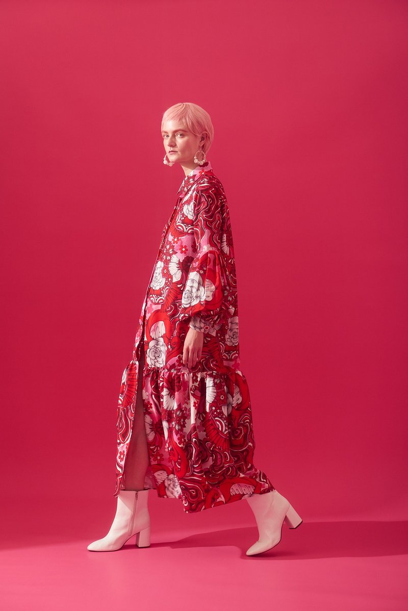 红色手绘花朵图案连身长裙 - 洋装/连衣裙 - 聚酯纤维 红色
