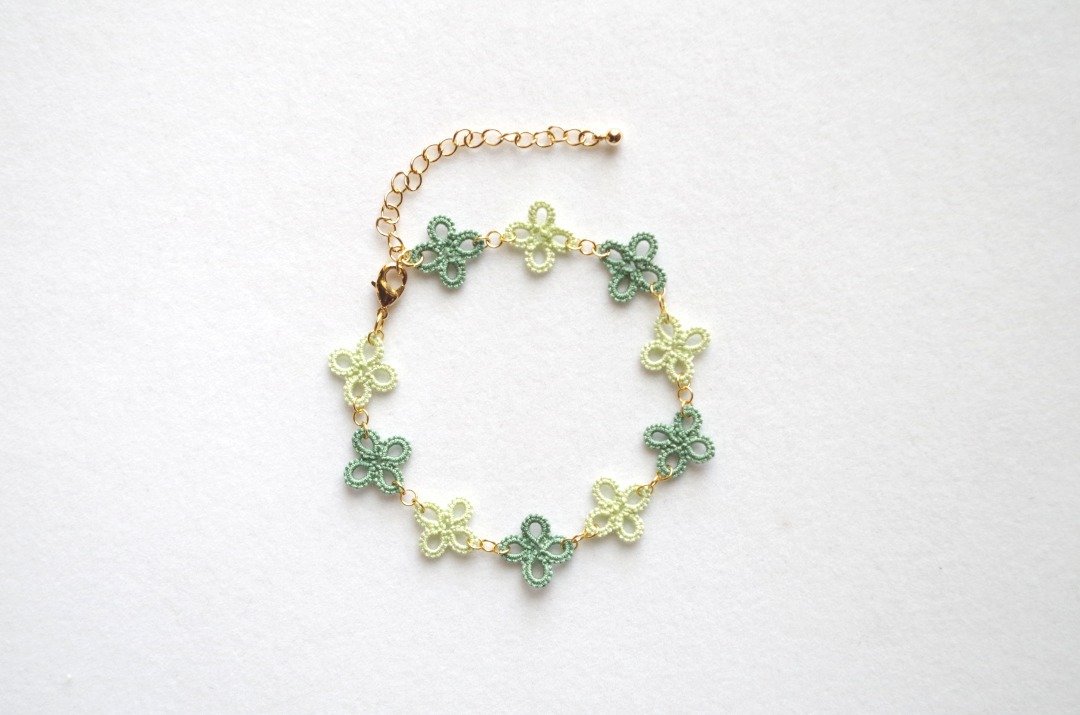 Tatting lace floret bracelet・Wakaba - 手链/手环 - 棉 绿色