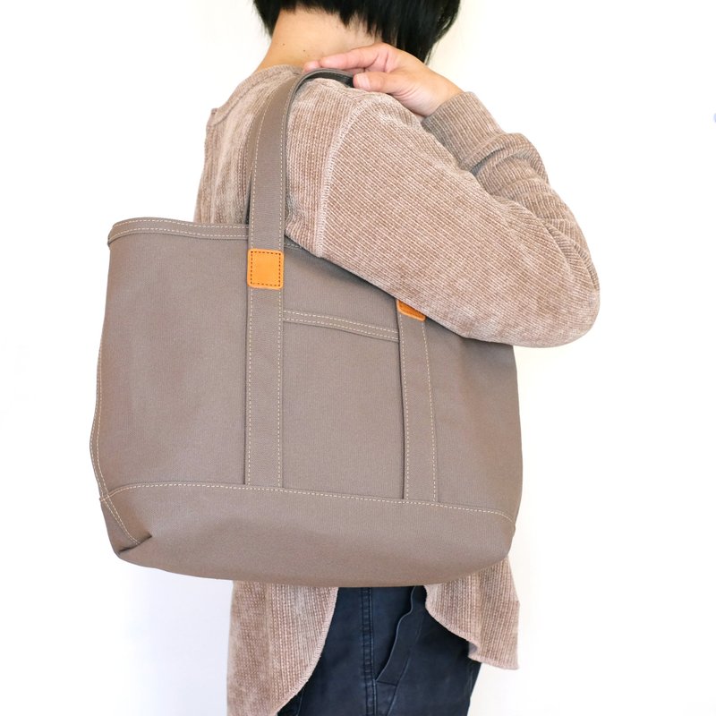 皮革与帆布托特包 M　炭灰色 - 手提包/手提袋 - 棉．麻 灰色