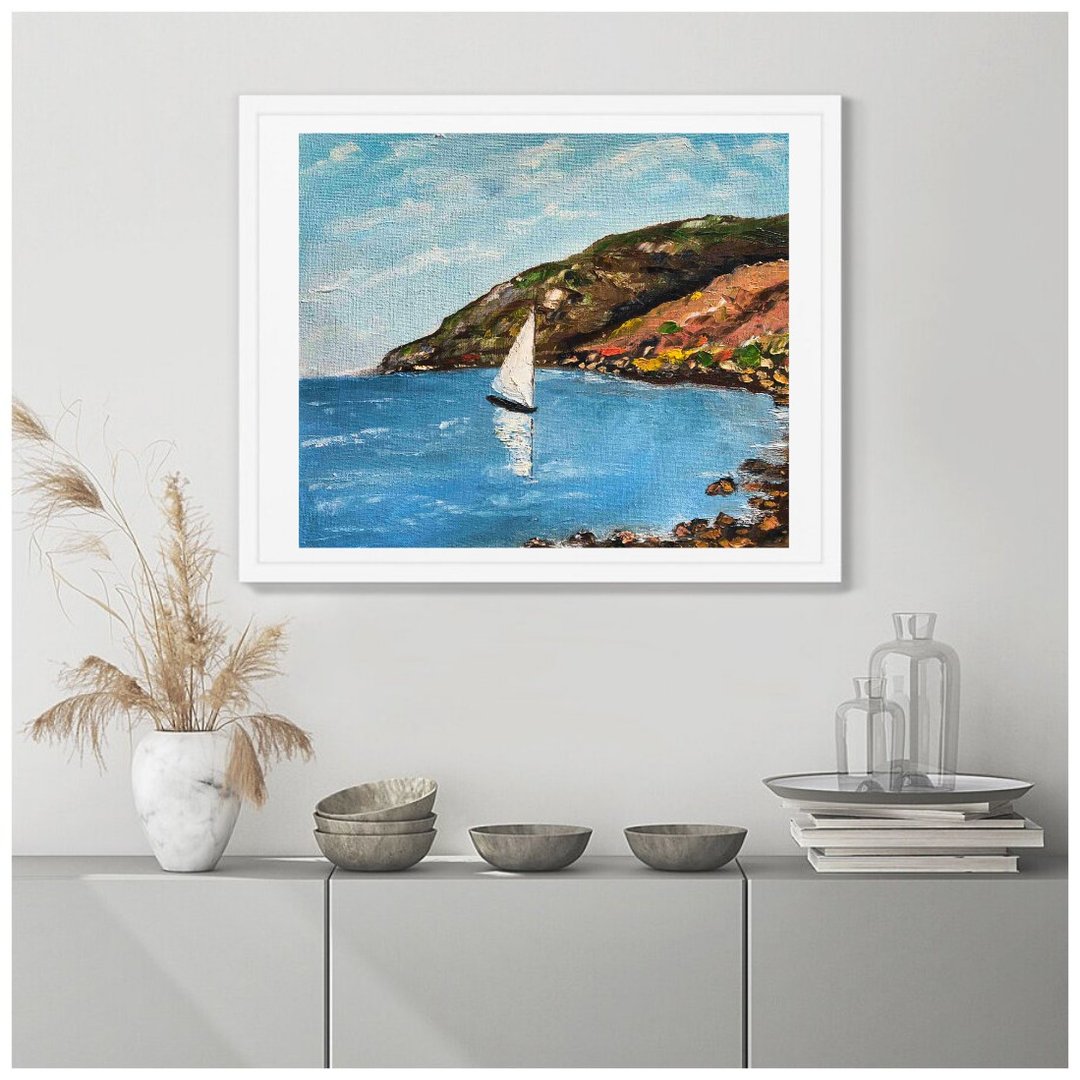风景与海白色帆船艺术绘画原画在画布上 - 订制画像 - 其他材质 多色