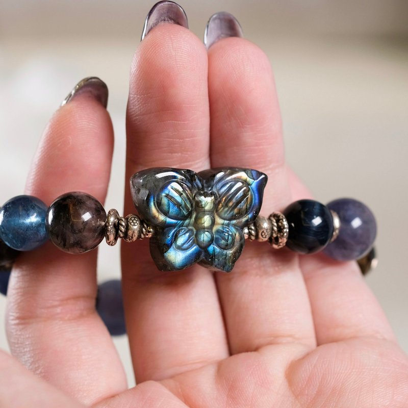 彩虹光蝴蝶 拉长石 彼得石 海蓝宝 手链 天然矿石水晶 一图一物 - 手链/手环 - 水晶 蓝色