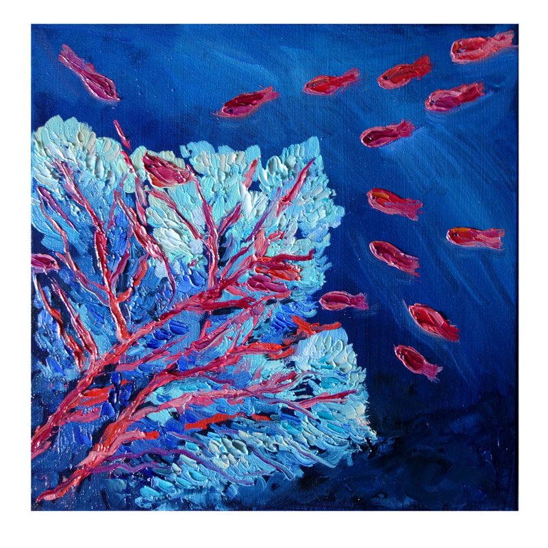 Sea Fish Painting Oil Seascape Original Art Coral Reef Artwork Canvas Art - 海报/装饰画/版画 - 颜料 多色