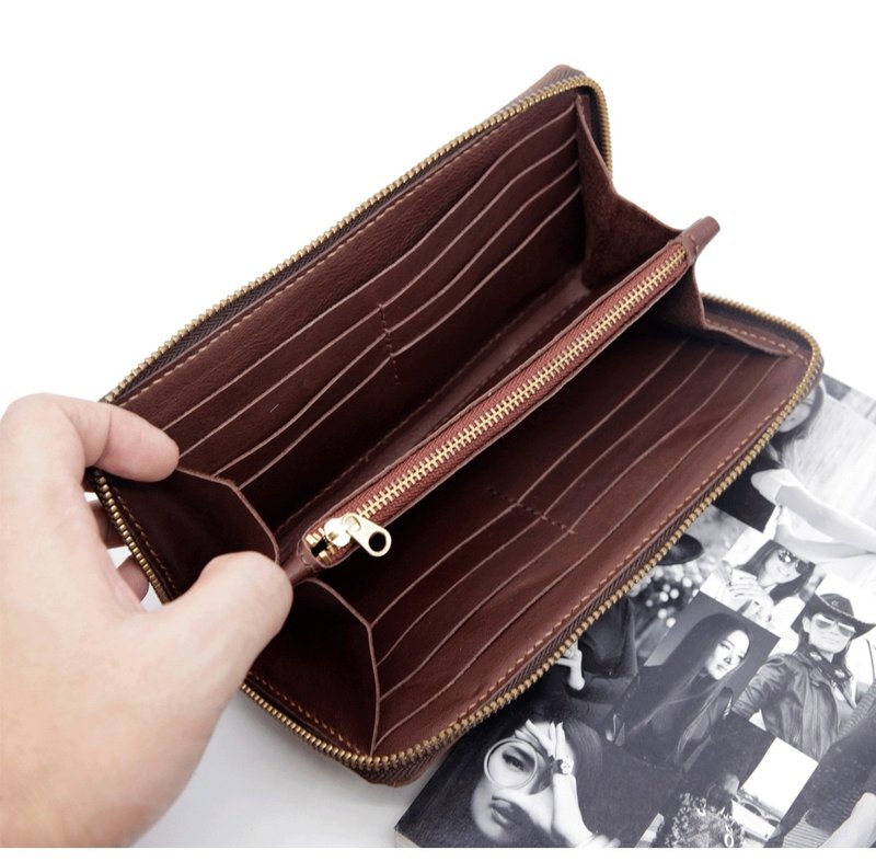 纯手工缝制拉链长夹 头层牛皮手拿包 三边拉链长银包 定制刻字 - 皮夹/钱包 - 真皮 