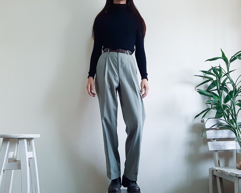 复古绿色格子褶皱裤直筒裤男女通用裤子 M 码腰围 31 英寸 - 中性裤装 - 聚酯纤维 绿色