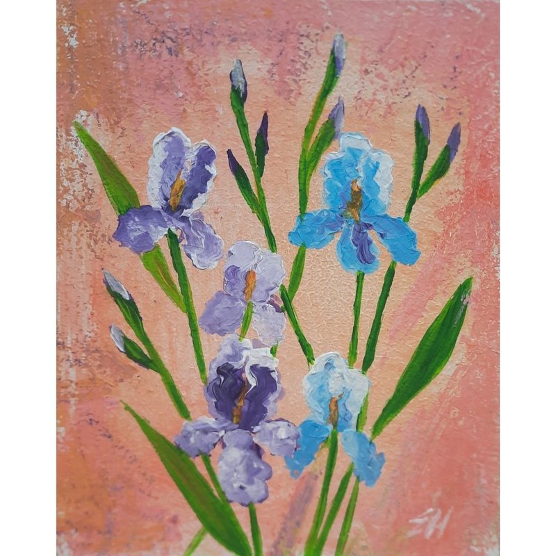 Irises bouquet original painting Blue irises art Abstract flowers artwork - 海报/装饰画/版画 - 木头 多色