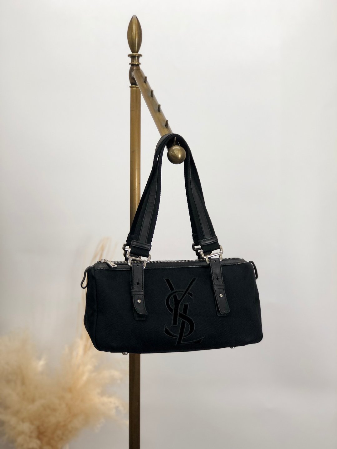 【日本直送，品牌二手包】Yves Saint Laurent 手提包，黑YSL 帆布，复古 7fuh36 - 手提包/手提袋 - 棉 黑色
