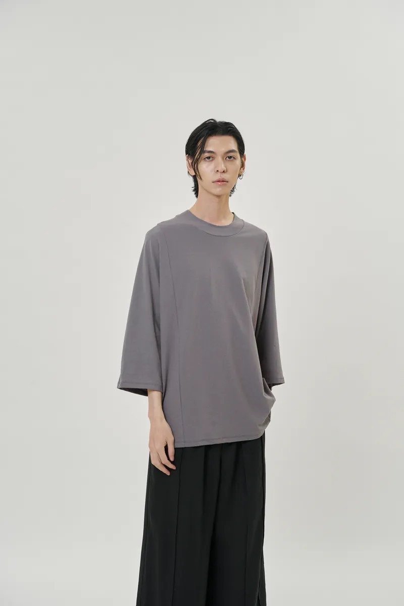 剪接连袖宽tee (灰) Raglan-sleeve T-Shirt - 男装上衣/T 恤 - 棉．麻 灰色