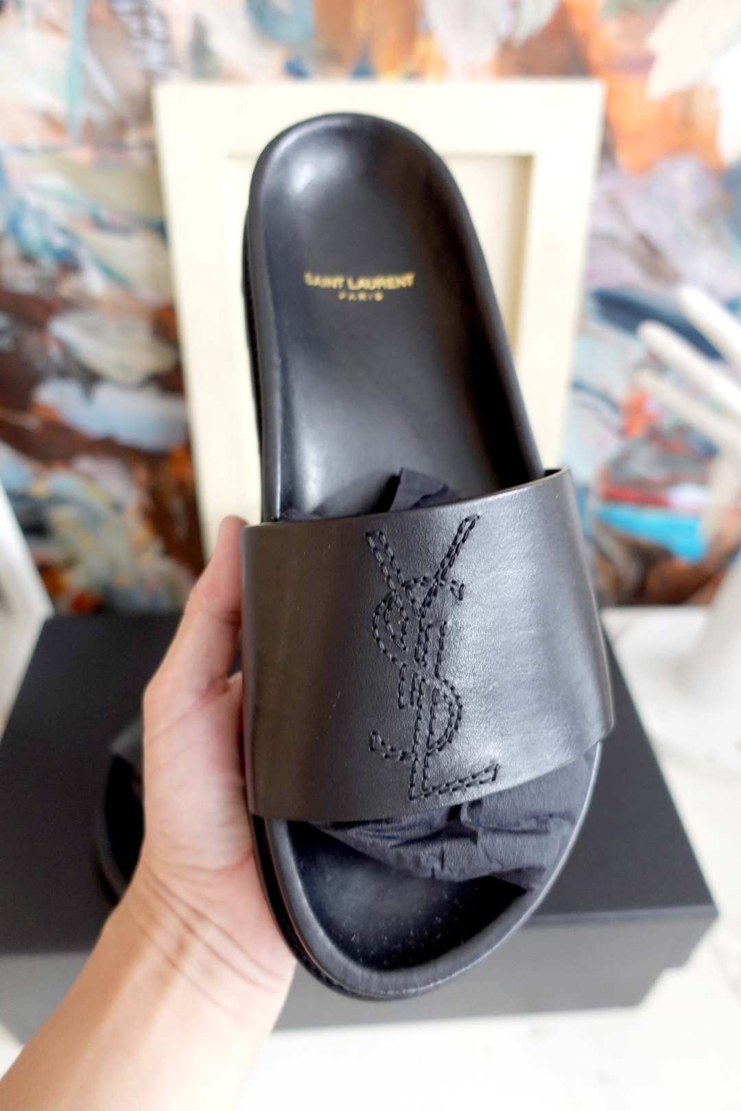 全新名牌YSL SAINT LAURENT 黑色真皮羊仔皮车花拖鞋高级凉鞋39号 - 拖鞋 - 真皮 黑色