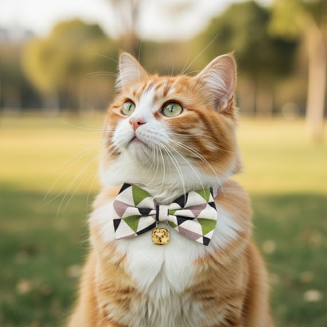 绿黑几何款 蝴蝶结宠物装饰项圈 猫咪 小型犬 迷你犬 - 项圈/牵绳 - 棉 绿色