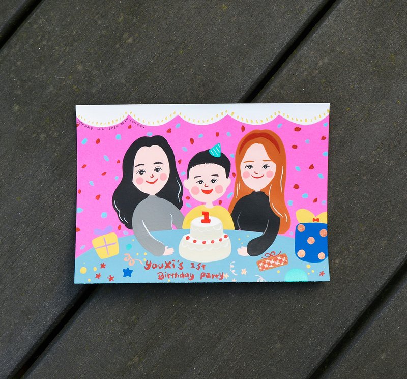 宝宝系列 定制3人画像 生日/全家福/弥月/婴幼儿/纪念/婚礼/情人 - 订制画像 - 纸 粉红色