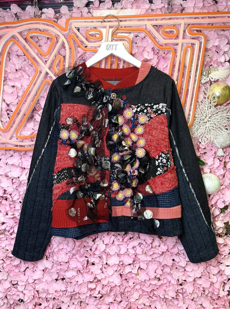 OTT独一无二•Unique日系梦幻手工刺绣幻彩印花蕾丝编织牛仔外套 - 女装西装外套/风衣 - 羊毛 红色