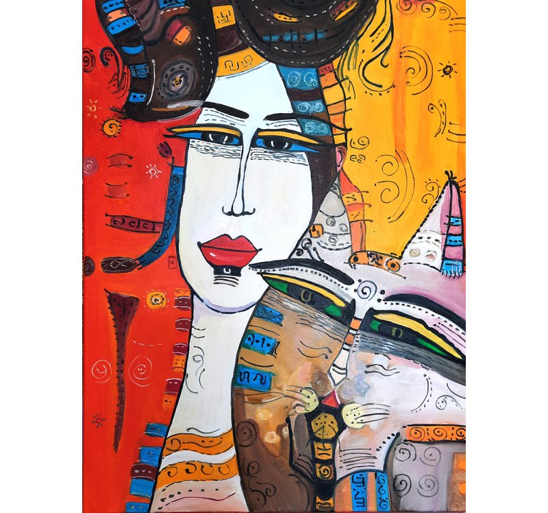 原画 Woman with Cat 绘画艺术 原创艺术 油画 布面油画 - 墙贴/壁贴 - 其他材质 红色