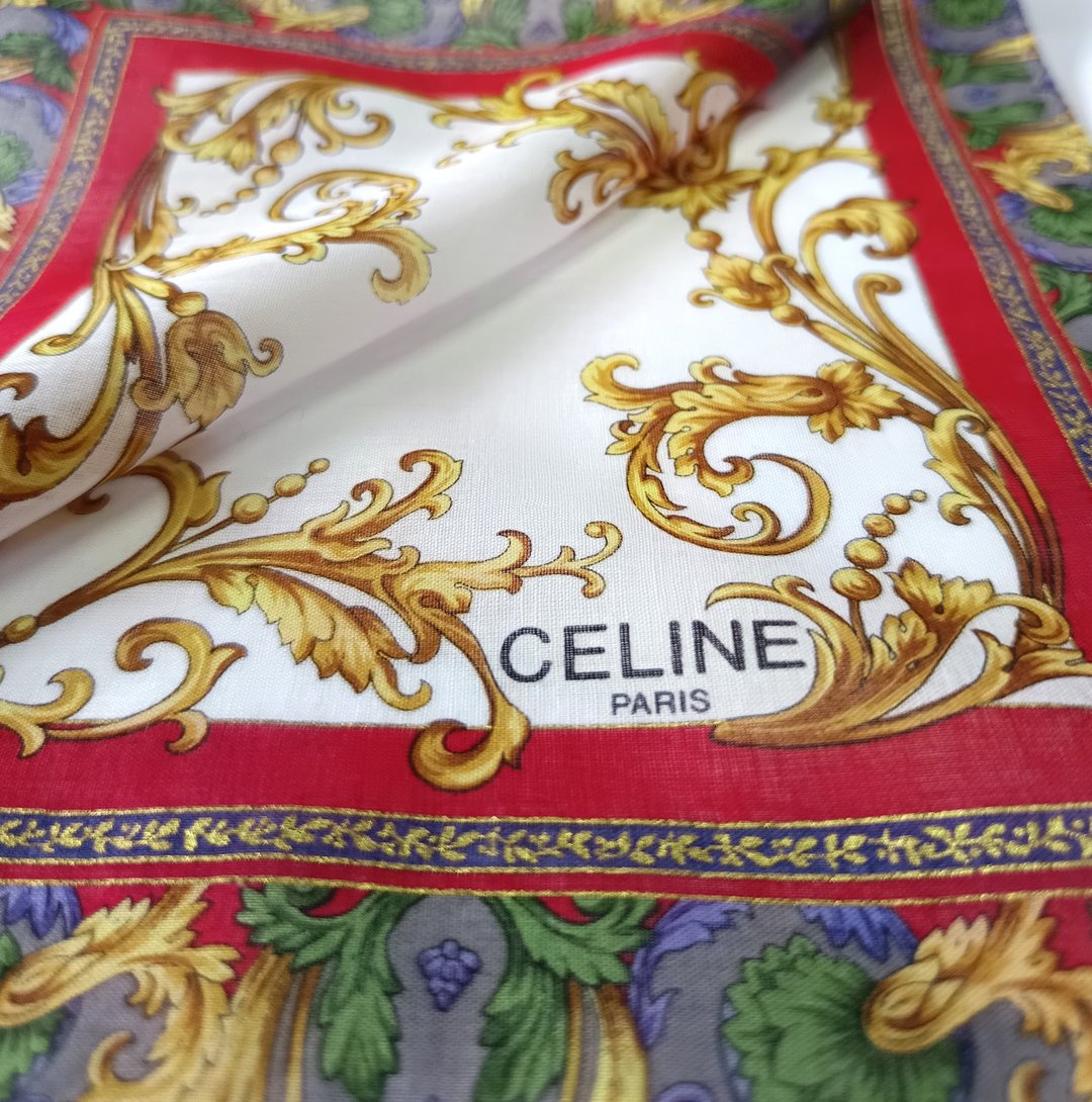 Celine Paris 古董手帕 花卉巴洛克风 19x 19 英寸 - 手帕/方巾 - 棉 红色