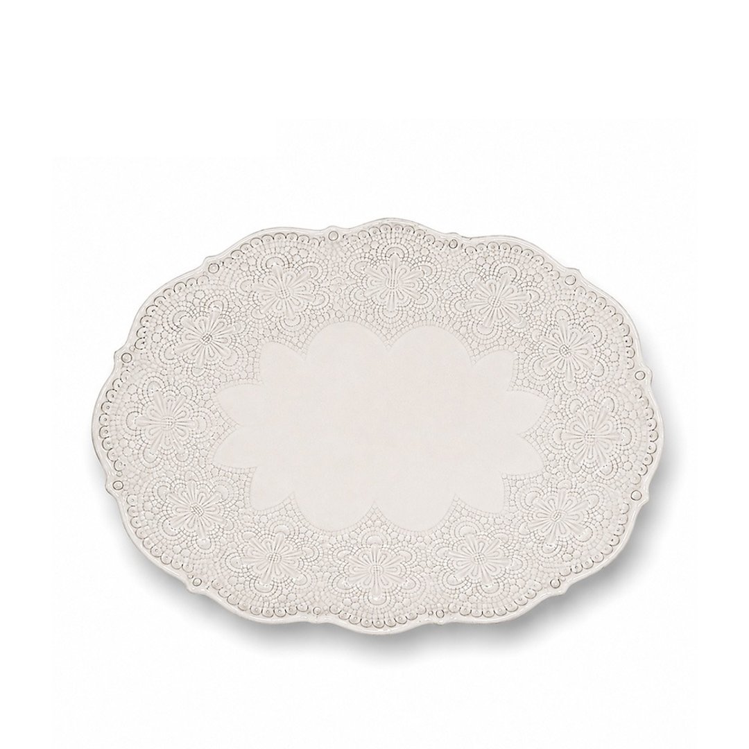 意大利 VBC casa 手工浮雕蕾丝系列 28x20x5cm 椭圆盘 米白色 - 盘子/餐盘/盘架 - 陶 白色