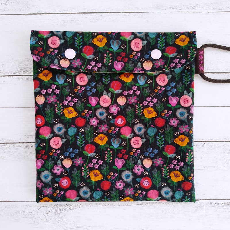 暮夜粉彩小花韩棉 袋盖提绳版 环保食物袋 美国食品级认证防水布 - 便当盒/饭盒 - 棉．麻 黑色
