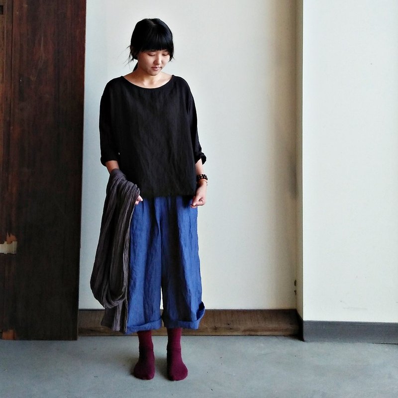 亚麻七分袖衫  亚麻  水洗黑 - 女装上衣 - 棉．麻 黑色