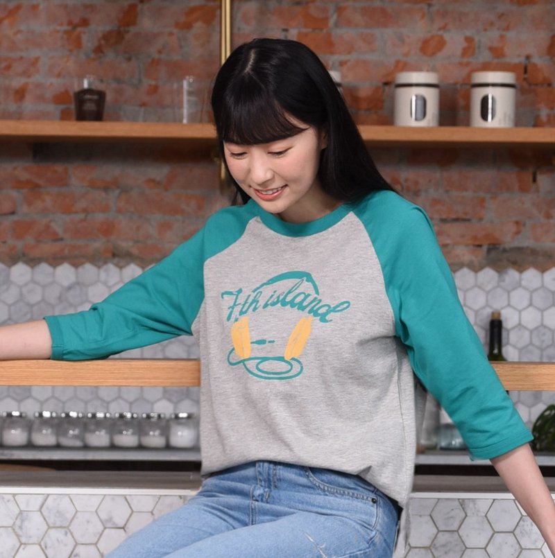 【湖水绿拼色棒球Tee】细纤纯棉七分袖。3色透气亲肤。复古音乐风 - 女装上衣 - 棉．麻 