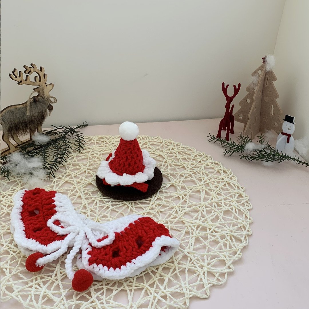 Christmas圣诞限定/圣诞小老人/宠物帽子领巾/猫咪狗狗帽子 - 衣/帽 - 棉 红色