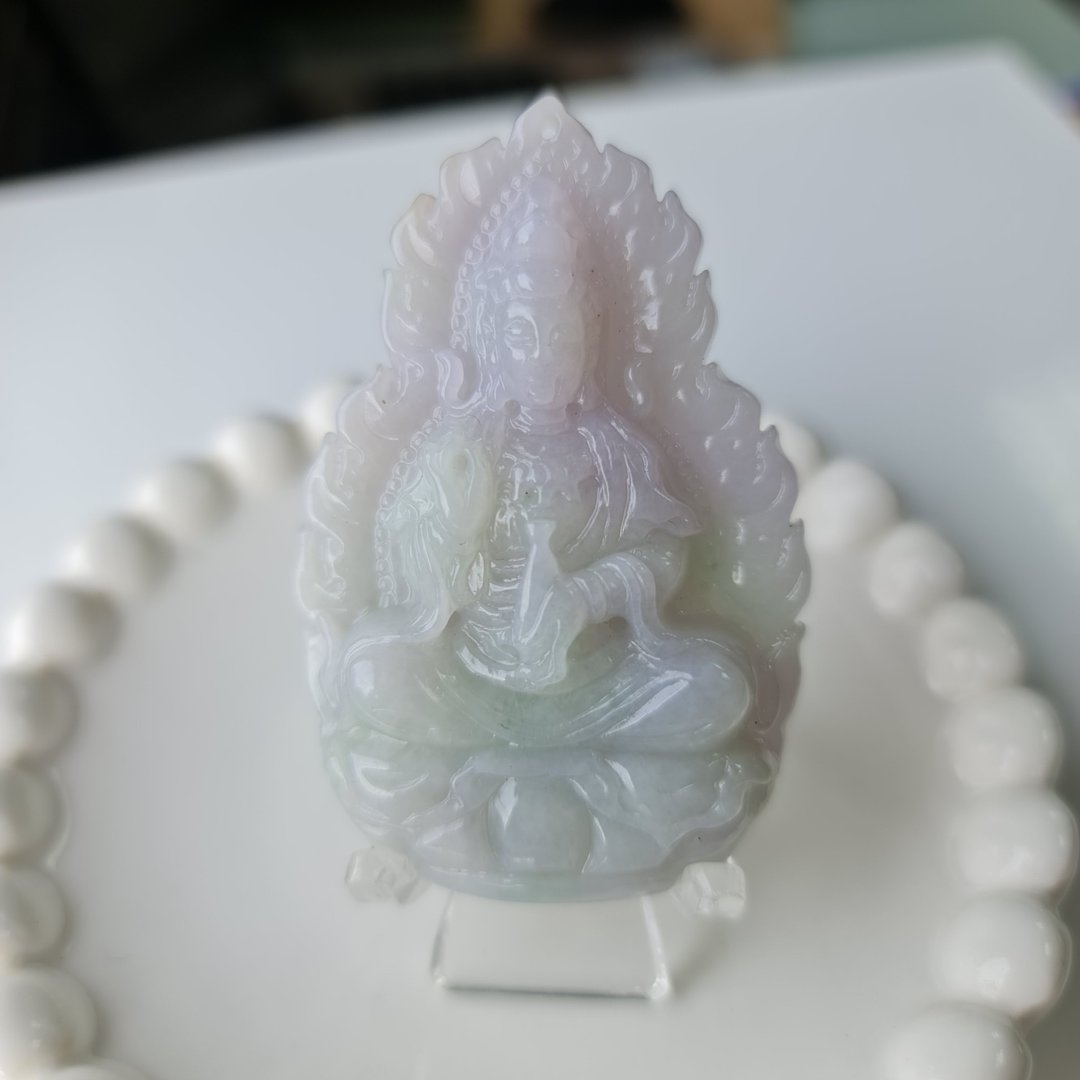 保平安限定+翡翠玉春彩火焰度母观音玉坠 | 天然缅甸玉A货翡翠 - 吊饰 - 玉石 