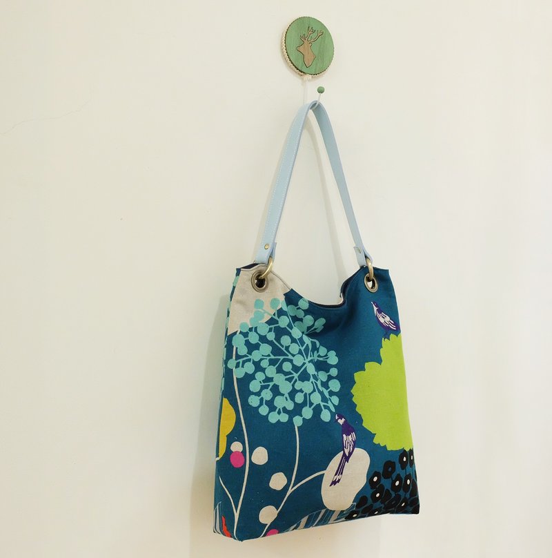 森林之歌　垂坠感钓钟形侧背包　古家悦子棉麻布　牛皮提把　土耳其蓝 - 侧背包/斜挎包 - 棉．麻 绿色