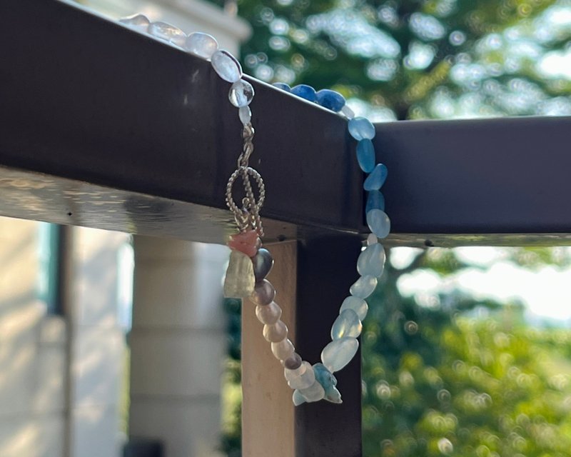 冬末春初__手工 天然 海蓝宝 蓝晶石 白水晶 月光石 串珠 项链 - 项链 - 纯银 银色