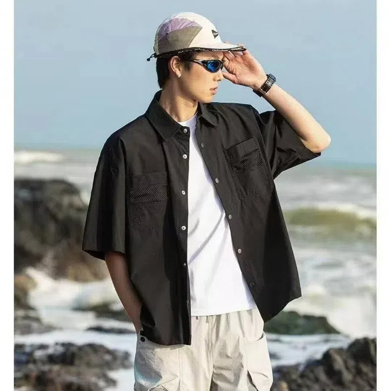 25SS山系户外宽松工装休闲日系运动速干防紫外线短袖情侣衬衫 - 男装上衣/T 恤 - 其他材质 黑色