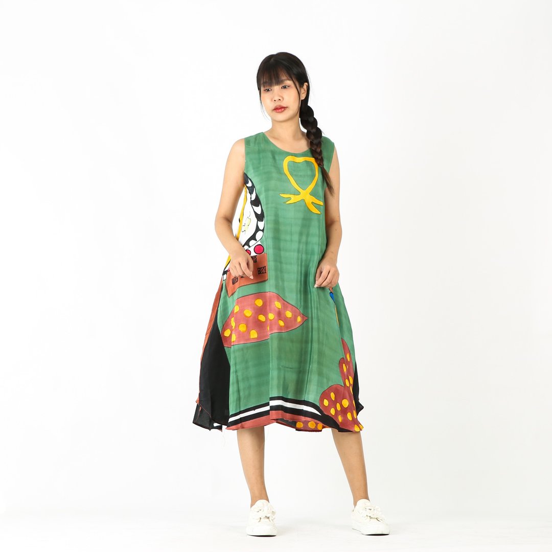 Sac Sleeveless Dress Soft Cotton Silk Hand Paint for Holiday - 洋装/连衣裙 - 棉 绿色