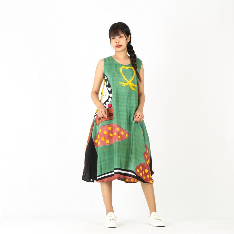 Sac Sleeveless Dress Soft Cotton Silk Hand Paint for Holiday - 洋装/连衣裙 - 棉．麻 绿色