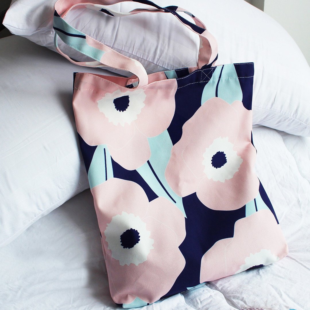 canvas tote bag, Pink Flower tote bag, Shopping bag -102 - 手提包/手提袋 - 聚酯纤维 