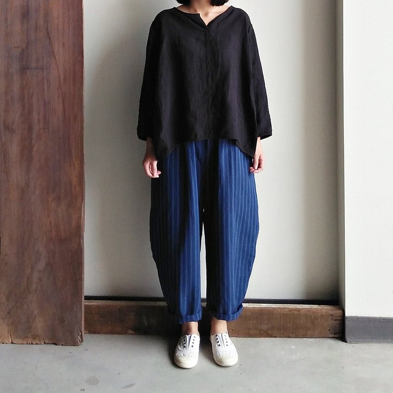 小V领八分袖衫  亚麻  水洗黑 - 女装上衣 - 棉．麻 黑色