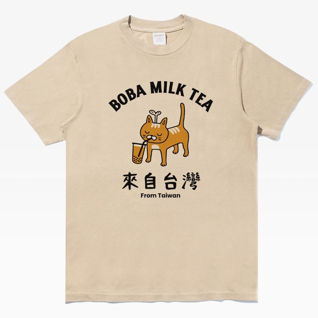 BOBA MILK TEA 中性短袖T恤 卡其 食物波霸奶茶珍珠礼物猫咪快速 - 女装 T 恤 - 棉 卡其色