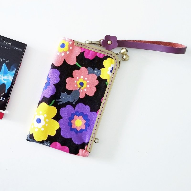 【现货】L型口金手机夹・手机包 (彩花灰猫 x 黑色) - 手机壳/手机套 - 棉．麻 黑色