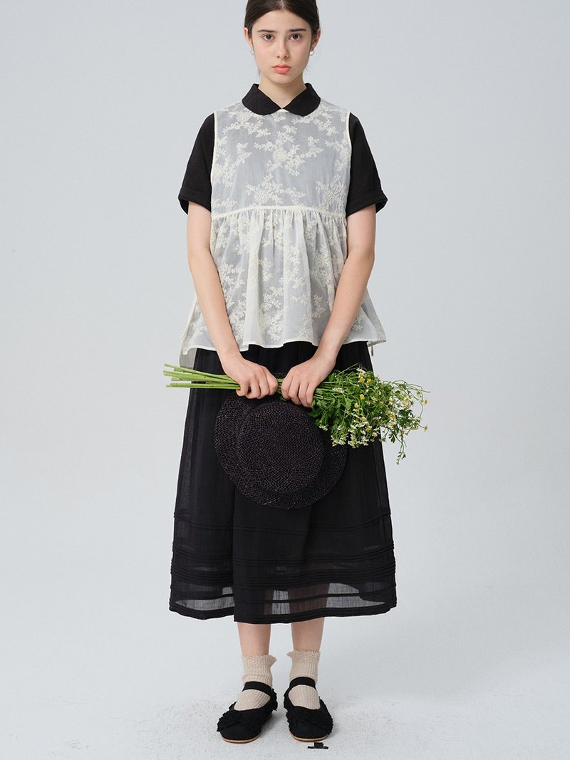 黑色砂洗苎麻塔克百搭半裙 - 裙子 - 棉．麻 多色