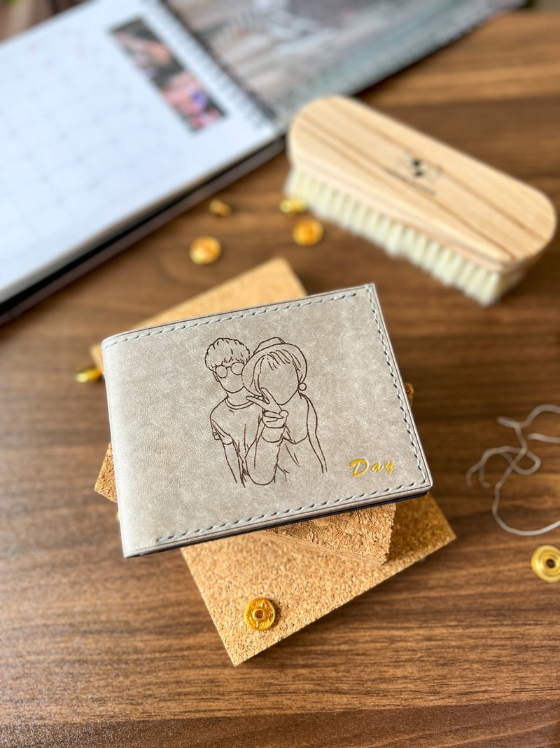 圣诞礼物【定制】相位短银包 对折钱包 / 人像画 / 颜似绘 / 皮革 - 皮夹/钱包 - 真皮 灰色