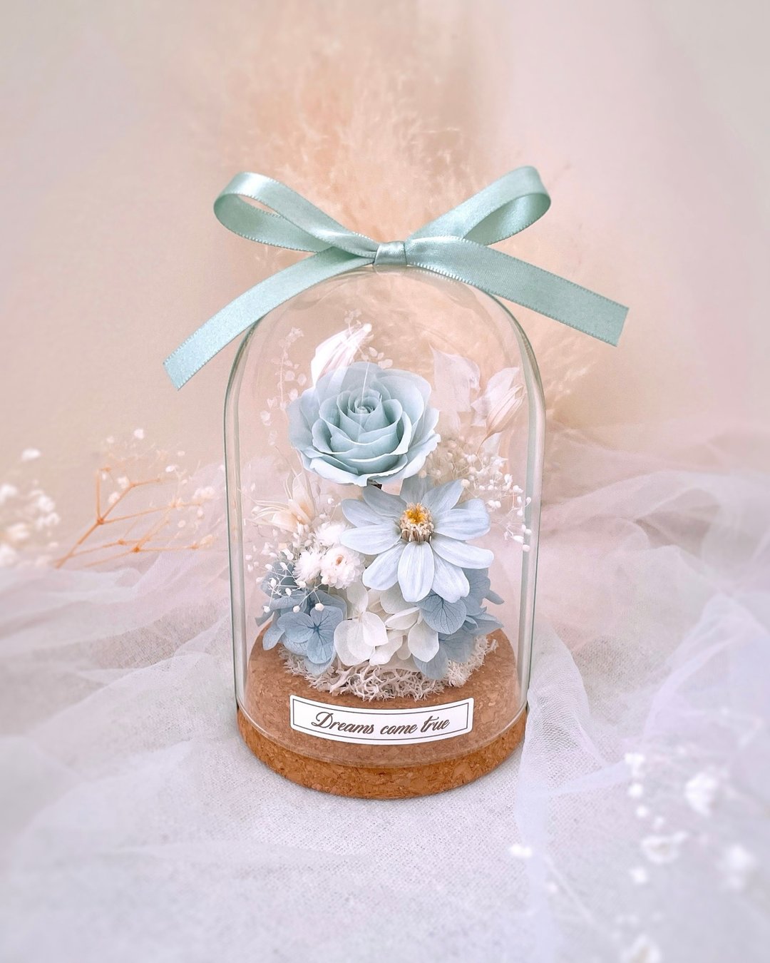 永生花玻璃盅 - 晨雾蓝 l 不凋花玻璃盅 日本玫瑰 情人节礼物 - 干燥花/捧花 - 植物．花 蓝色