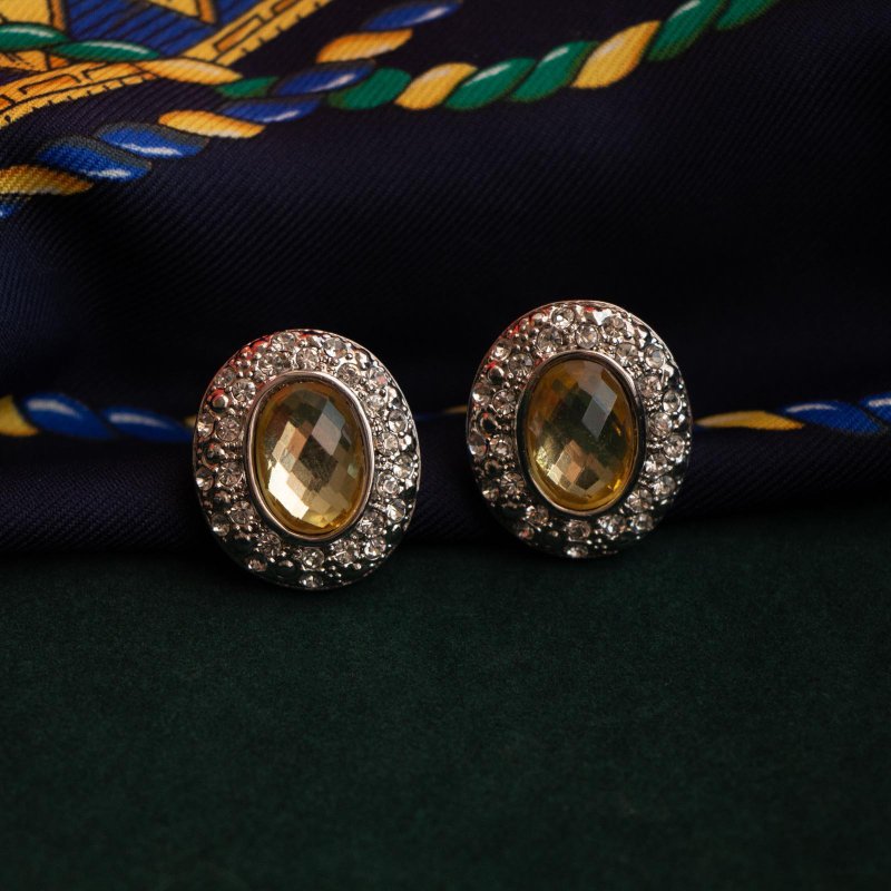 美国古董 柠檬黄宝石与莱茵石 银色椭圆耳夹 - 耳环/耳夹 - 其他金属 黄色