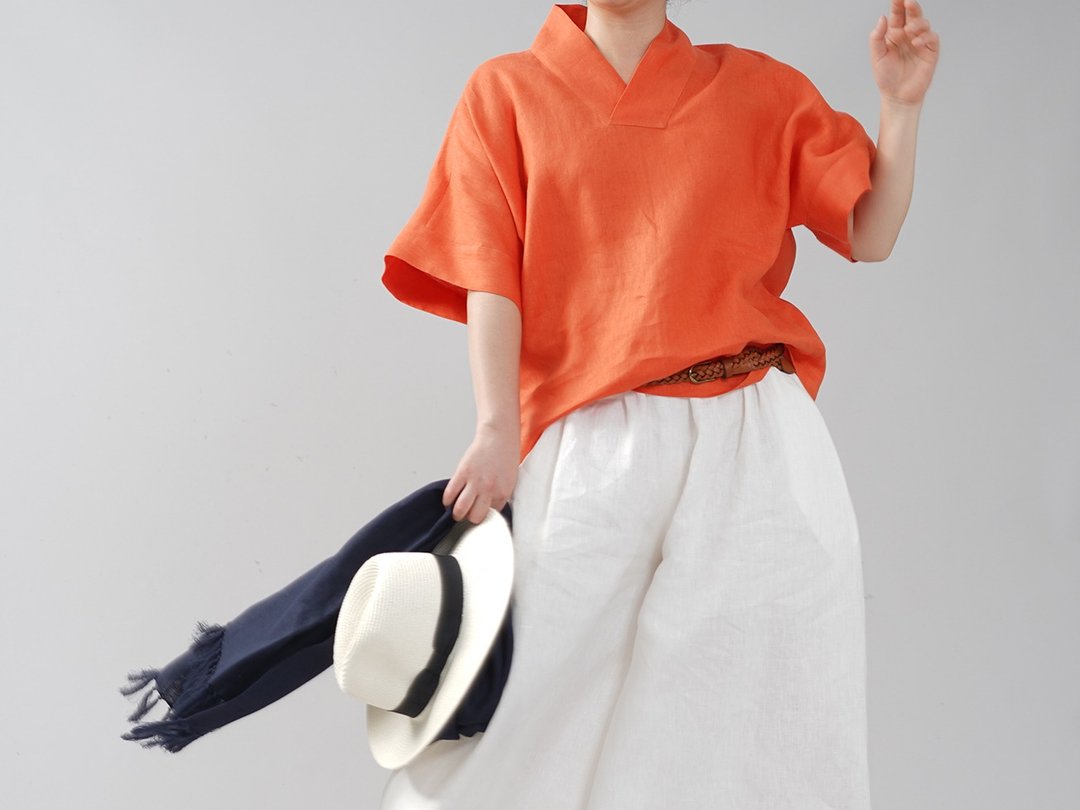 wafu - 純亞麻T恤 Midweignt Linen Zen Style Top T-shirt / Vermilion t010c-vmi2 - 女装 T 恤 - 亚麻 橘色