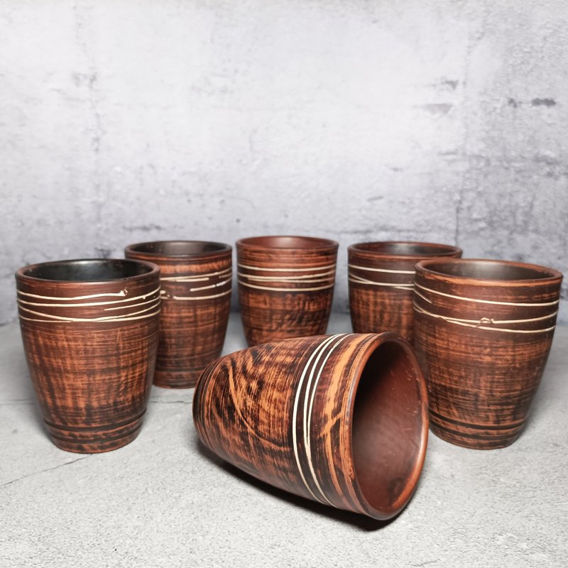 陶器马克杯套装 6 件手工红粘土马克杯 300 毫升 - 咖啡杯/马克杯 - 粘土 