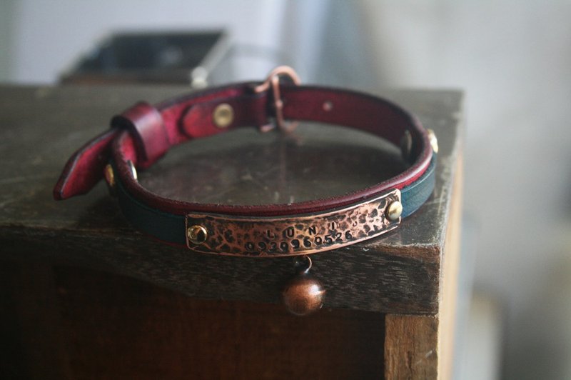 atwill。手工刷色牛革红铜金属刻字双色牛皮宠物项圈蓝x红紫 - 手链/手环 - 真皮 紫色